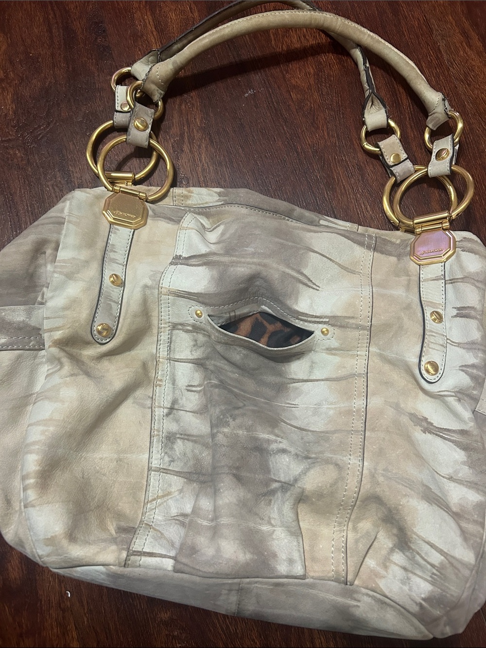 b. makowsky Beige and Light Gray Tie-Dye Leather Shoulder Bag with Gold Hardware - Picture 10 of 14